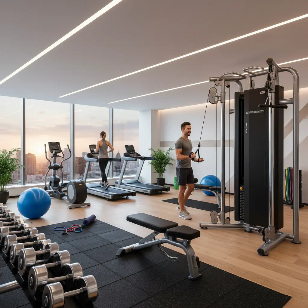 Moderné hotelové alebo firemné fitnescentrum s kardio strojmi (bežecký pás, eliptický trenažér), multifunkčnou kladkovou vežou, sadou jednoručných činiek a podložkami na strečing s výhľadom na mesto.