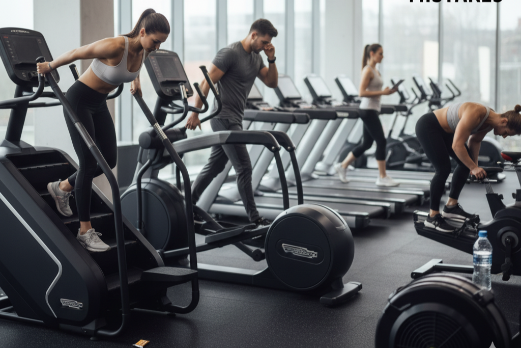 Žena opierajúca sa o madlá na stair stroji, muž na eliptickom trenažéri telefonujúci a žena na veslovacom trenažéri so zhrbeným chrbtom vo fitness centre.