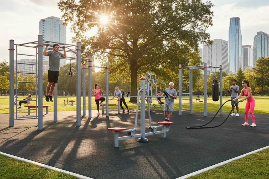 Obyvatelia všetkých generácií aktívne cvičia v modernom outdoorovom fitness centre v slnečnom mestskom parku.