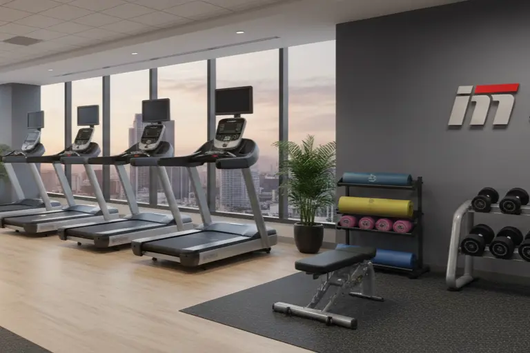 Svetlé hotelové fitness centrum s výhľadom na mesto, vybavené profesionálnymi kardio a posilňovacími strojmi značky Impulse Fitness.