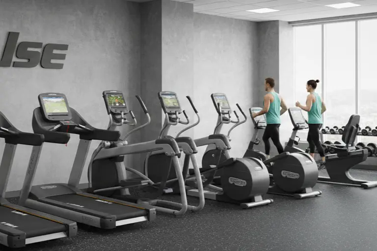Profesionálne fitness centrum Impulse Fitness s modernými kardio strojmi (bežecké pásy, eliptické trenažéry) a posilňovacím vybavením, logo Impulse Fitness na stene.