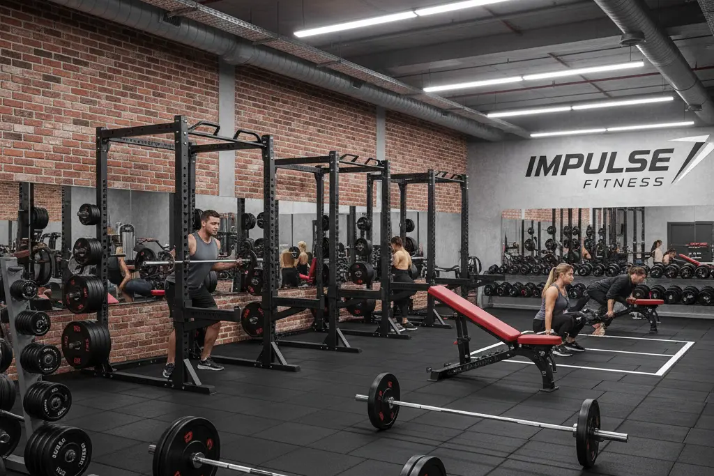 Profesionálna zóna s voľnými váhami vo fitness centre Impulse Fitness s klietkami na drepy, bench press lavičkami a priestorom na mŕtvy ťah s odolnou gumenou podlahou a olympijskými kotúčmi.