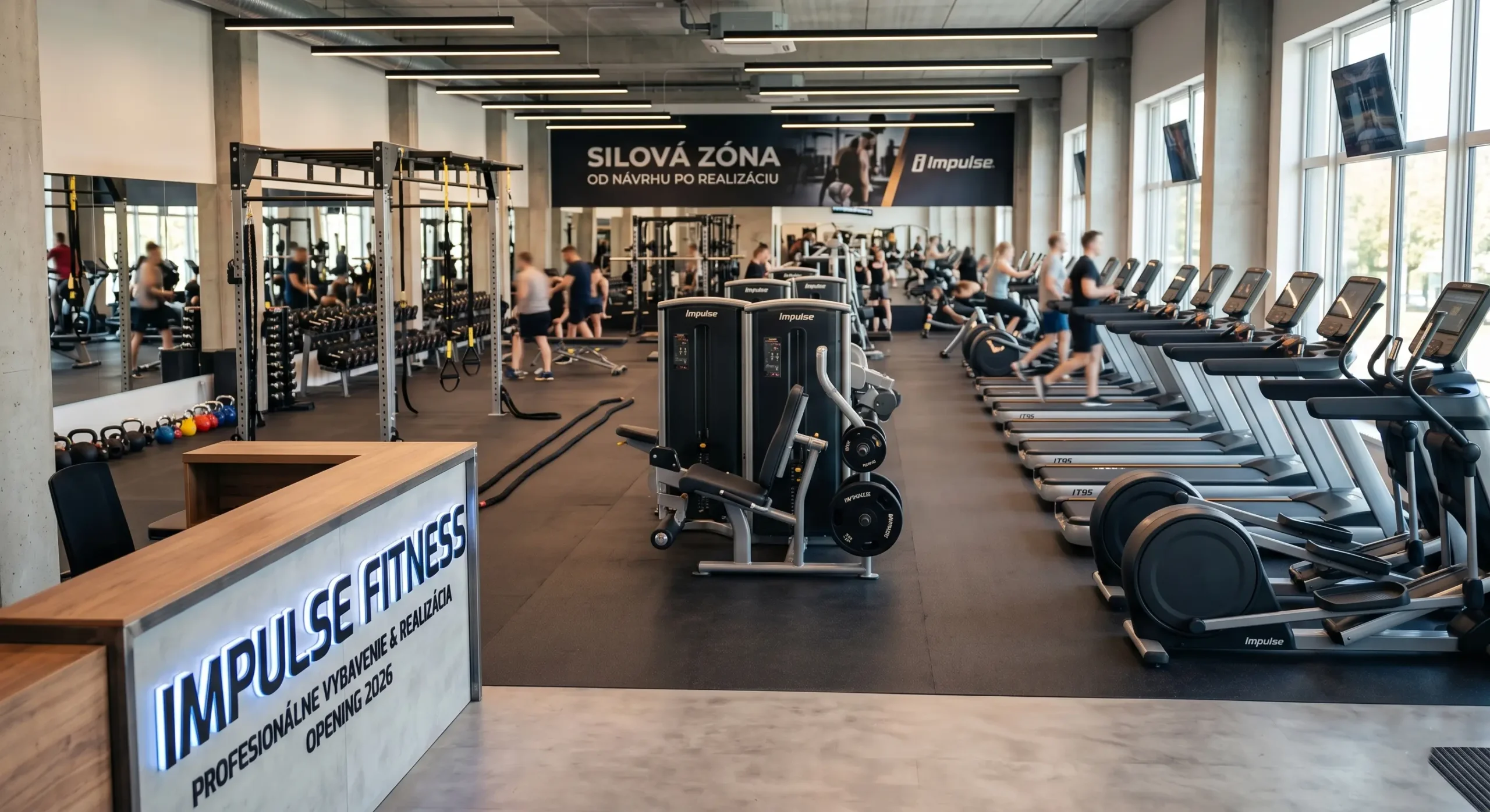 Profesionálne zariaďovanie moderného fitness centra a posilňovne na kľúč s recepciou Impulse Fitness a kardio zónou.