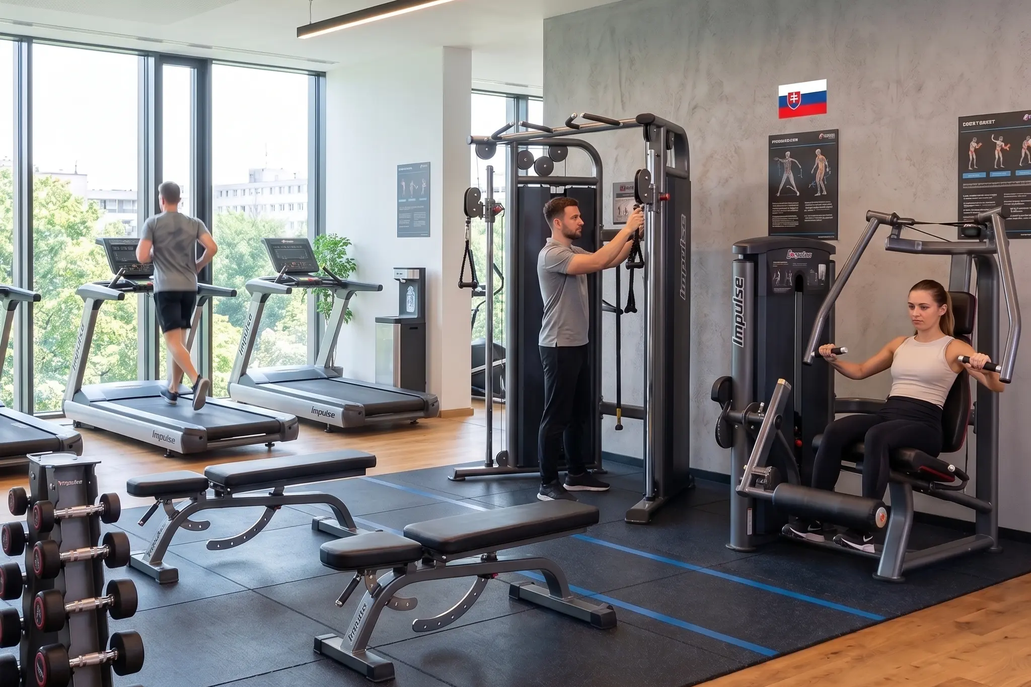 Moderné hotelové a firemné fitness centrum kompletne zariadené posilňovacími strojmi Impulse Fitness. V popredí je silová zóna s kladkovými zariadeniami a činkami, v pozadí bežecké pásy pri veľkom okne.